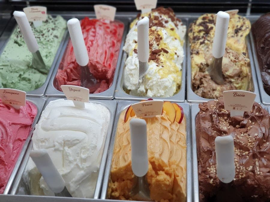 Display case of colourful ice cream flavours